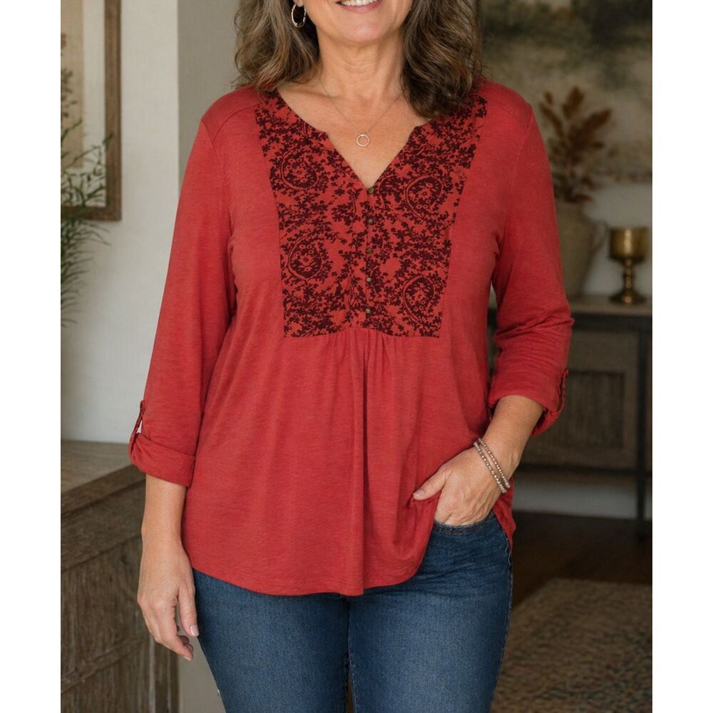 St John’s Bay Tunic Top 1X Coral Red Boho Paisley Roll Tab Sleeve V Neck Stretch
